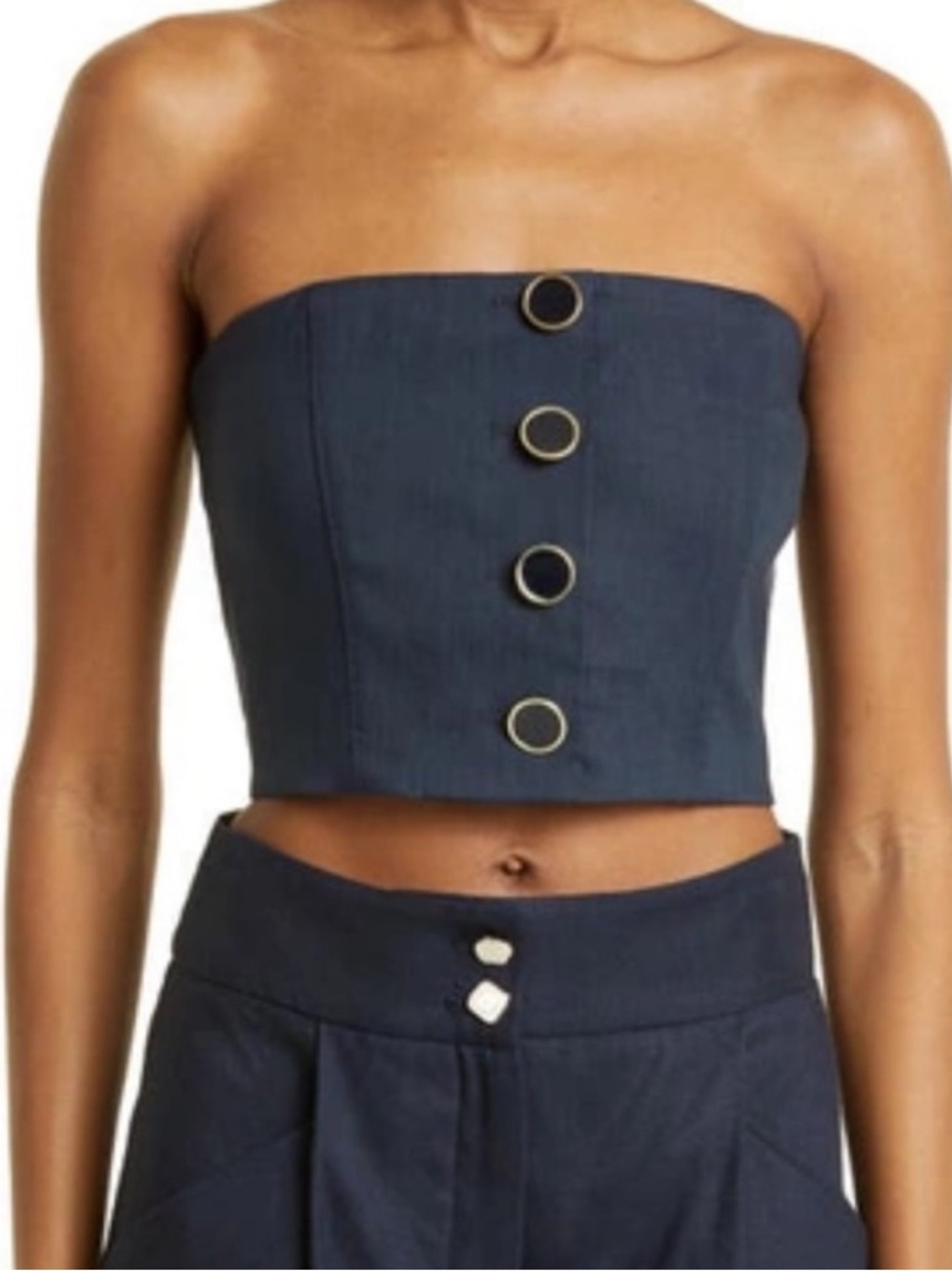Veronica Beard Navy Ring-Button Strapless Crop